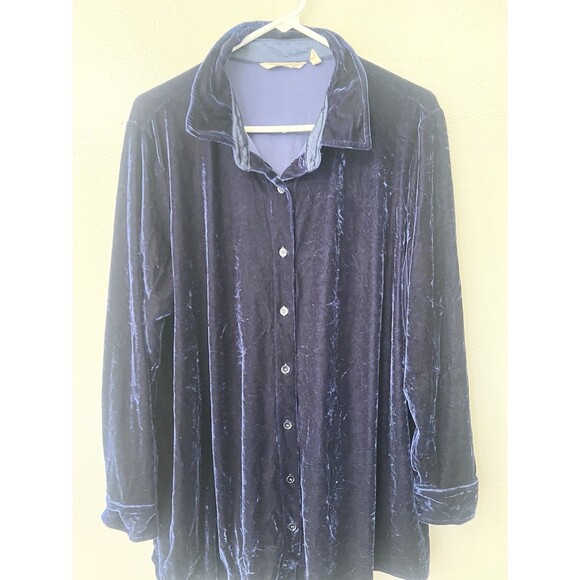 Soft Surroundings 1X Blue Crushed Velvet Button Up Tunic Top Long Sleeve Shirt - Picture 1 of 7